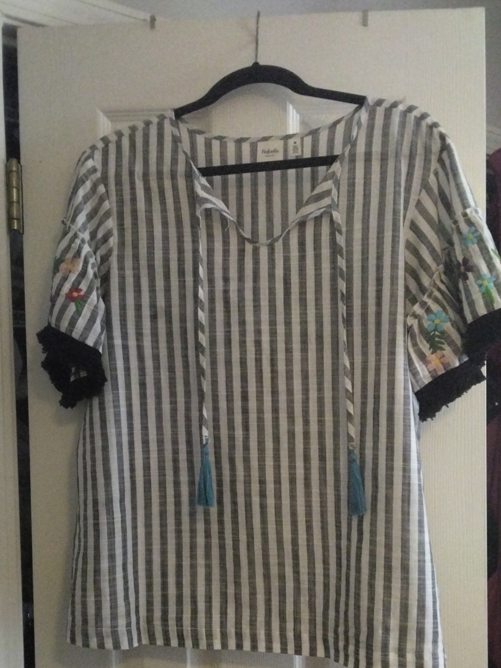 Rafaella Gray and White Striped Tassel Peasant Top